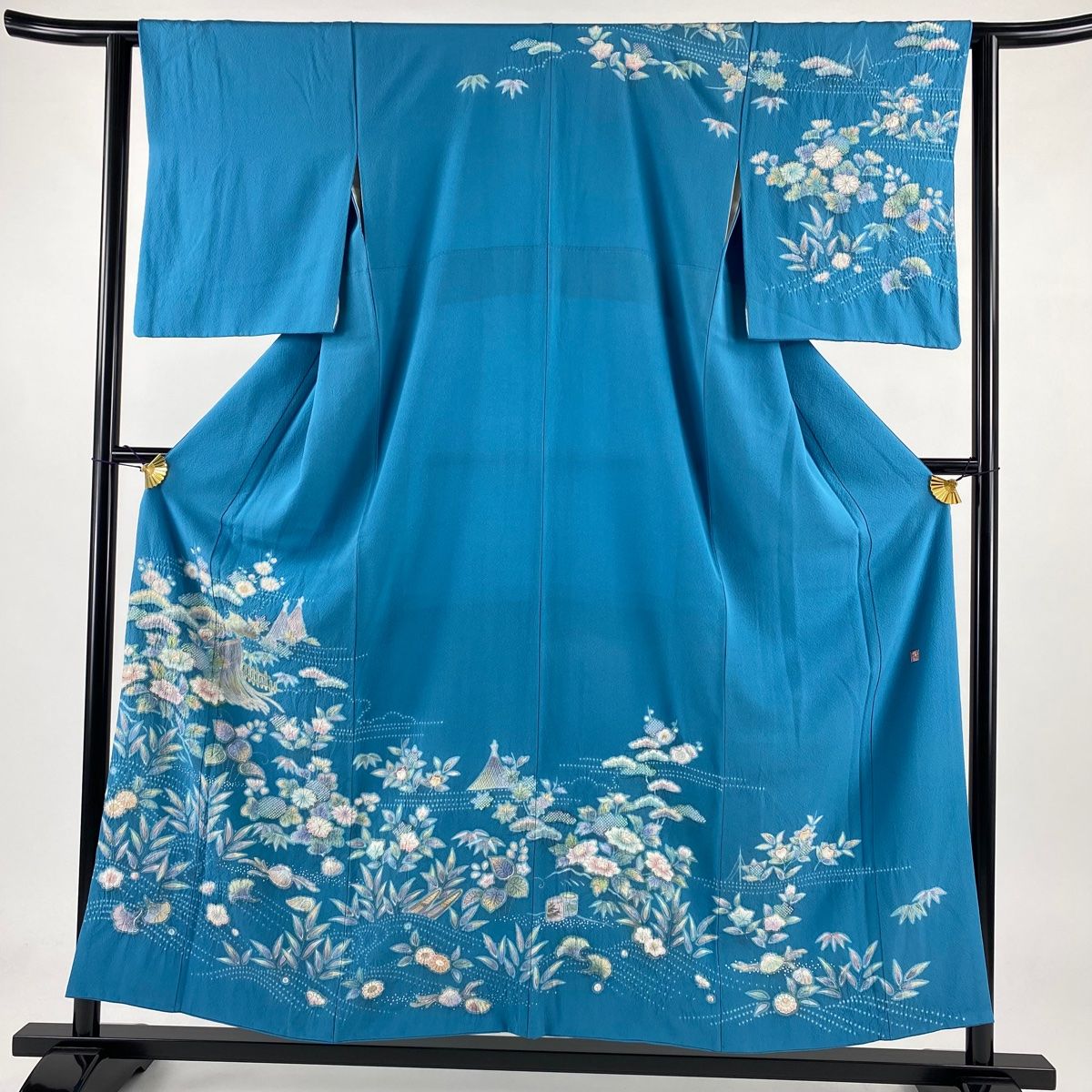 訪問着 身丈156cm 裄丈61.5cm S 袷 落款 草花 松竹梅 絞り 水色 正絹 名品