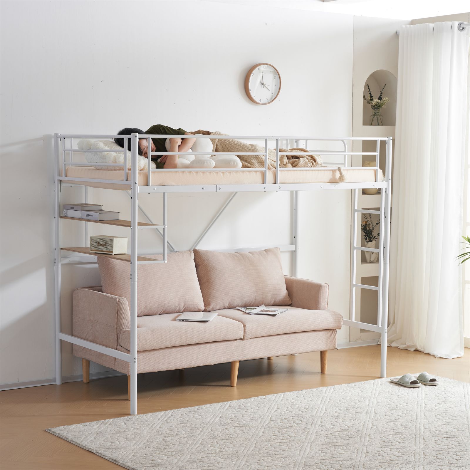 30％OFF！ロフトベッド パイプベッド サイド棚付き（S）WHITE 新作】【ホワイト】ロフトベッド パイプベッド サイド棚付き シングル