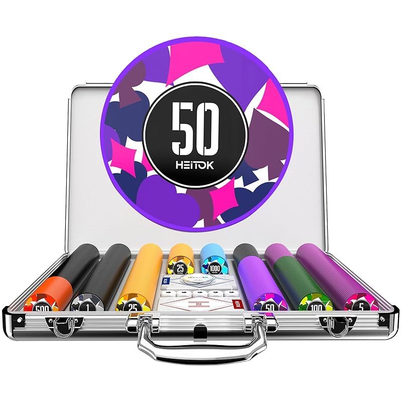 HEITOK ポーカーチップ ポーカーセット 500枚 数字入り 11.5g カジノチップ トランプ2組とサイコロ5個が付属 ABS製チップ アルミ製スーツケース入り 1