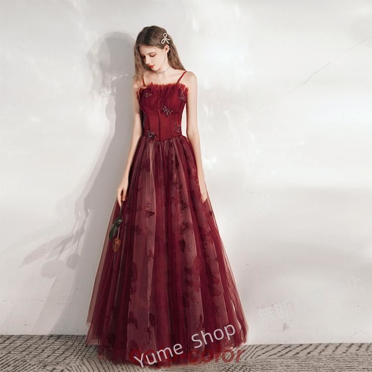 イブニングドレス ワイン赤 ノースリーブ キャミドレス 発表会ドレス ロングドレス 蝶柄 結婚式ドレス 二次会ドレス ゲストドレス パーティードレス Aライン nhdw113