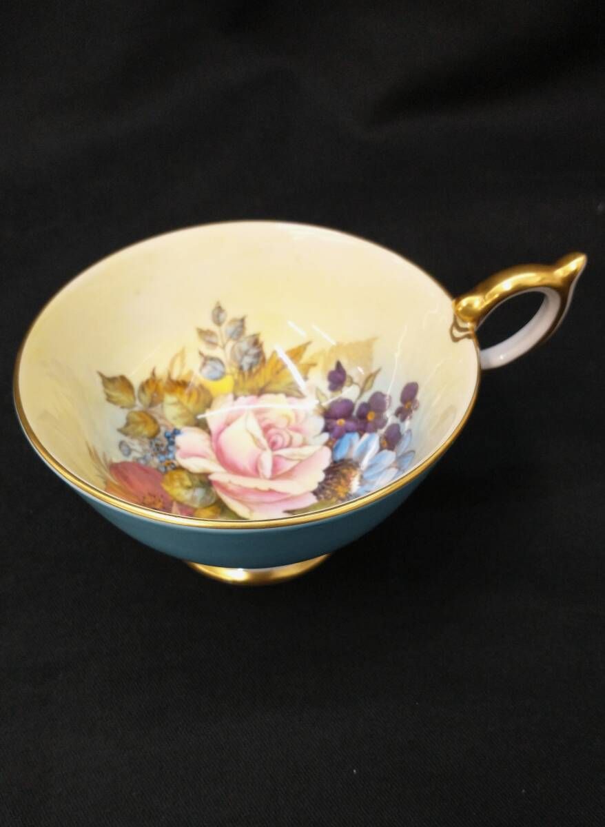 ジャンク AYNSLEY ROSE CUP エインズレイ ローズ バラ 薔薇 花柄 アンティーク レトロ 青 金彩 ブルー ゴールド 修復痕あり