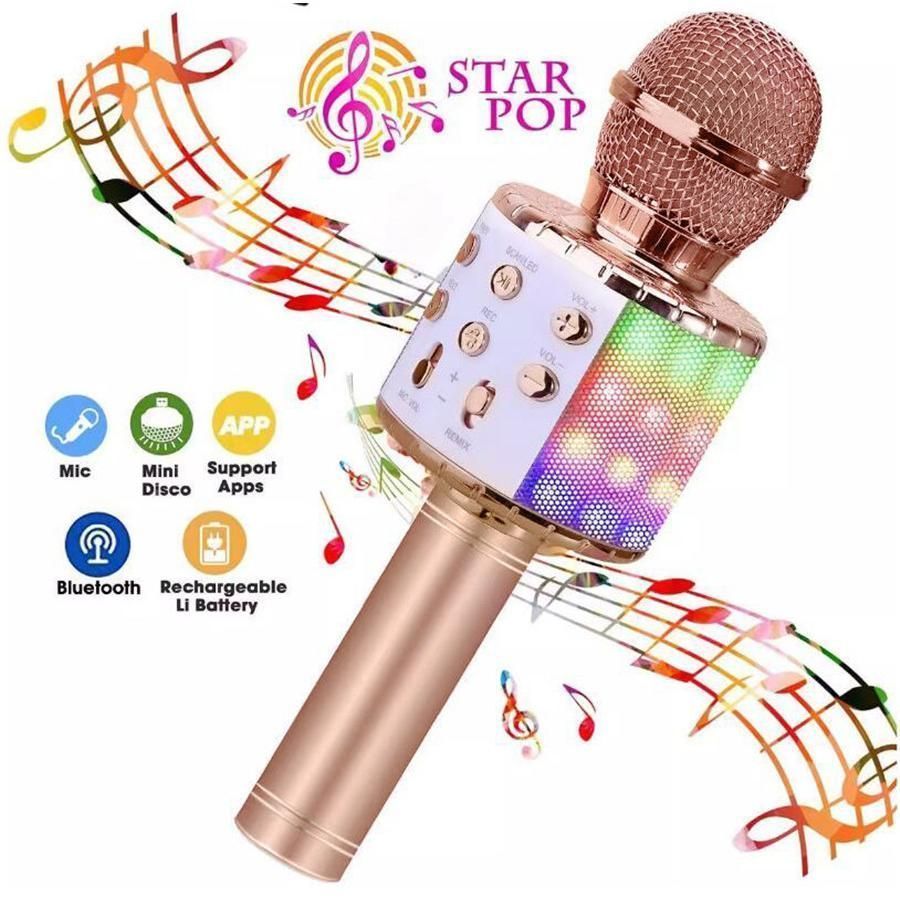 カラオケマイク bluetooth ワイヤレスマイク 音楽再生 LEDライト付 USB Android iPhone対応 子供 家庭用 宴会 忘年会