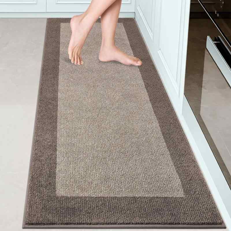 DOMUSTEX 洗濯機で洗えるキッチンラグ 床用滑り止めクッション付きキッチンマット 廊下 ランドリー バスルーム ドア用吸収性ランナーラグ 60 x 178cm ベージュ