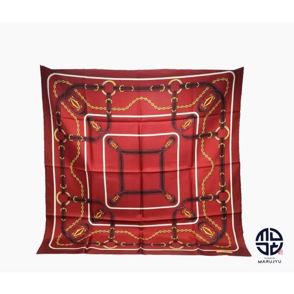 カルティエ Cartier シルク スカーフ（キラリ） Cartier カルティエ スカーフ パンサー 黒地 シルク100％ 【中古