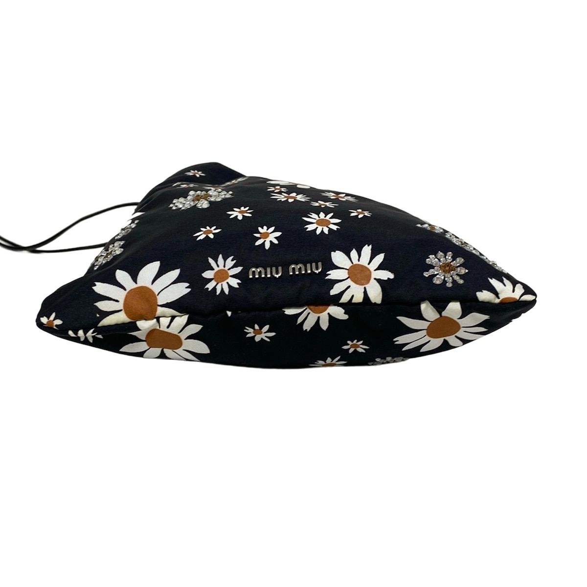 miumiu ミュウミュウ ポーチ - 黒×白×ブラウン 花柄 ラインストーン 巾着型 マチなし レザー DECORATOM_COM_BR
