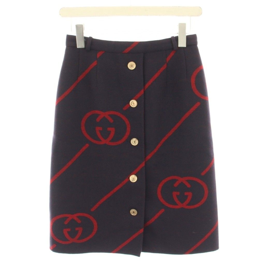 グッチ GUCCI インターロッキングGスカート ひざ丈 タイト 台形 ウール 絹 シルク混 38 紫 パープル 赤 レッド 577752 |YT