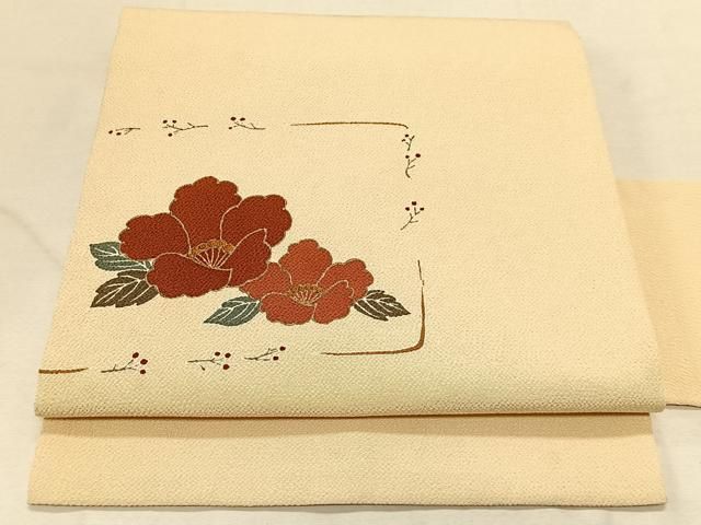平和屋着物◎九寸名古屋帯 刺繍 草花文 鬼しぼ縮緬 正絹 逸品