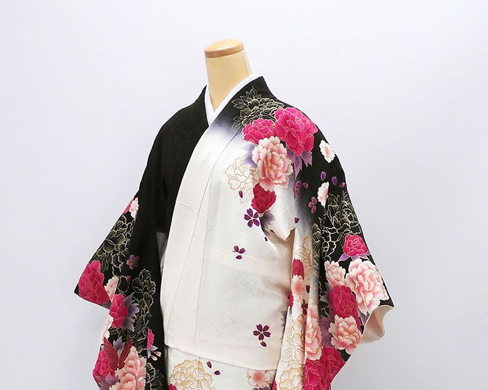 振袖 正絹 牡丹 桜 蝶々 身丈165.5cm 裄丈66cm 中古 リサイクル