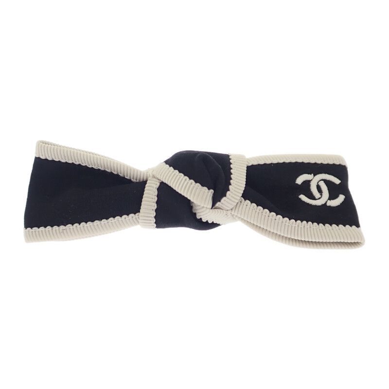 CHANEL ボウ バレッタ シルク ブラック シルバー金具