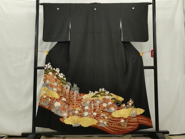 平和屋着物□豪華黒留袖 駒刺繍 流水鴛鴦花文 金彩 正絹 逸品