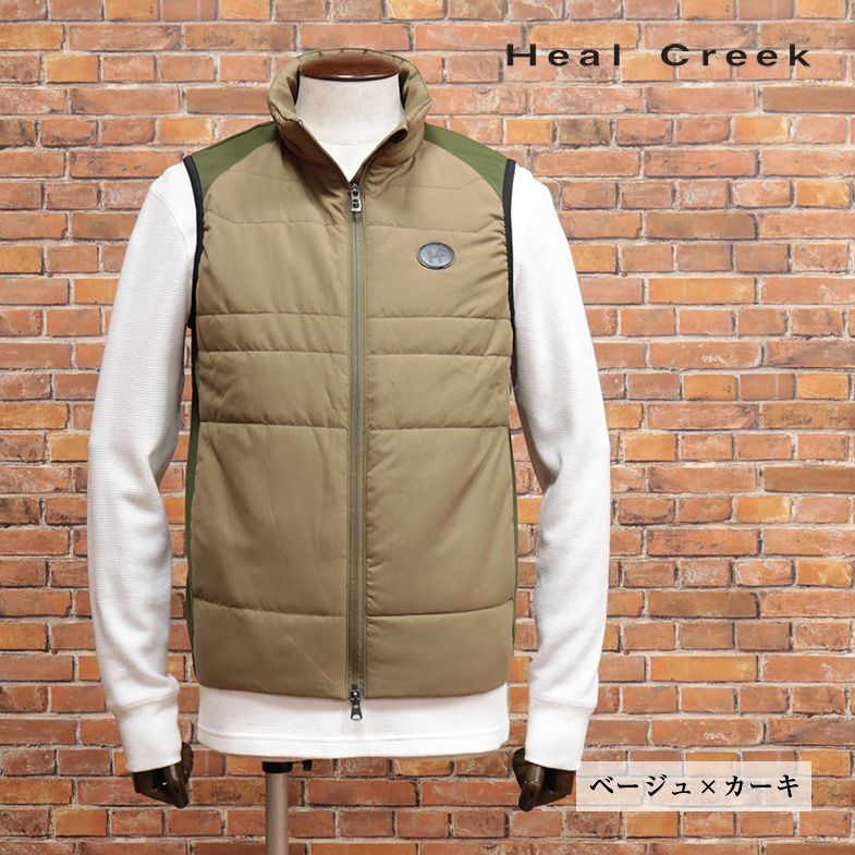 秋冬/Heal Creek/48(M)サイズ/中綿ベスト 保温 ジャージー切替 ワッペン付 チョッキ ゴルフ 新品/ベージュ×カーキ/jd167/
