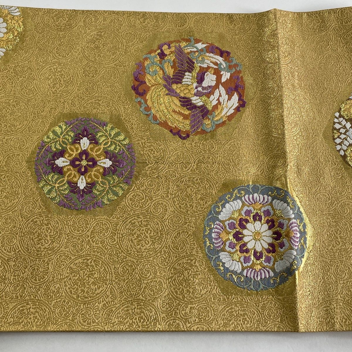 高級 袋帯 正絹 お太鼓柄 ポイント柄 蘇州刺繍 中国刺繍 金通し ブラウン 袋帯 美品 秀品 御所車 草花 金糸 箔 金色 六通 正絹 【中古