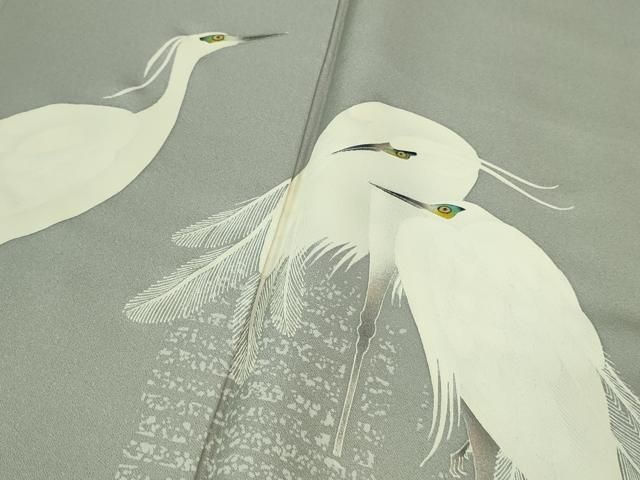 平和屋着物□極上 東京友禅 菅有鬼一 訪問着 白鷺 灰青色地 逸品 未  