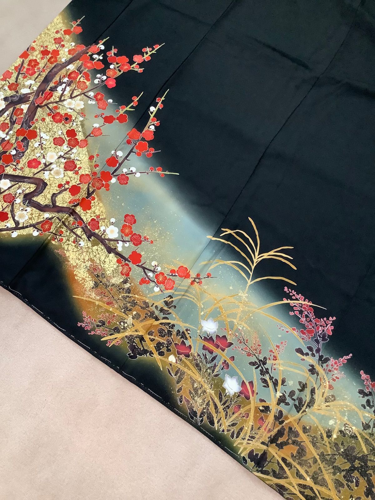値下）正絹 黒留袖 リメイク用 着物 金駒 刺繍 扇 鶴 梅 3枚