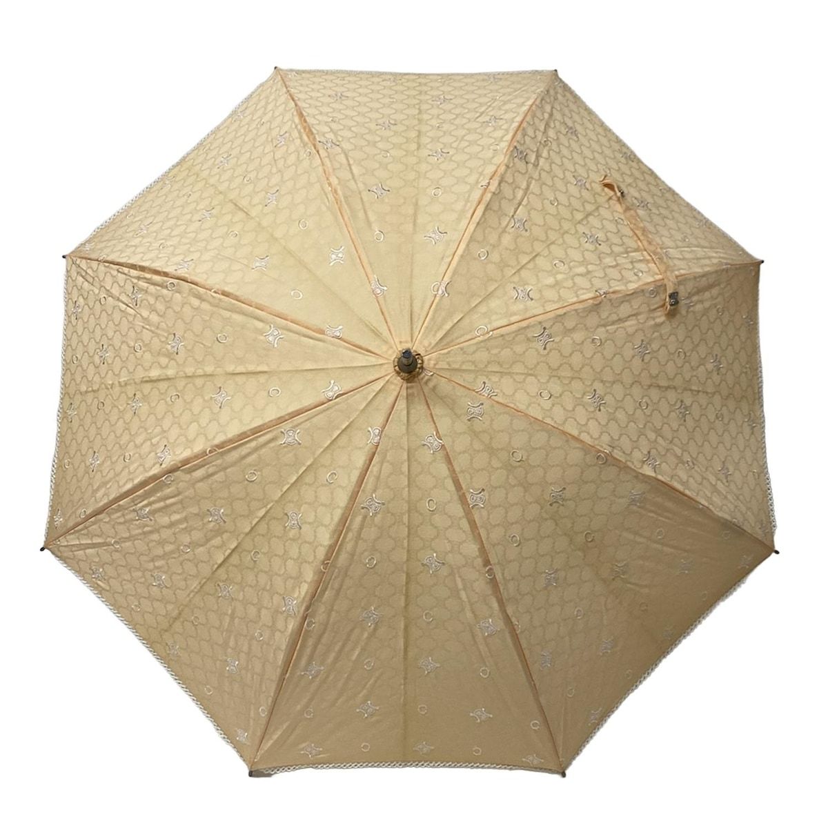 CELINE セリーヌ 日傘 ピンクベージュ マカダム柄 ウッドハンドル 刺繍