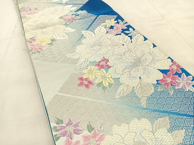 平和屋着物◎六通柄袋帯 唐織 牡丹花文 銀糸 正絹 逸品 未使用