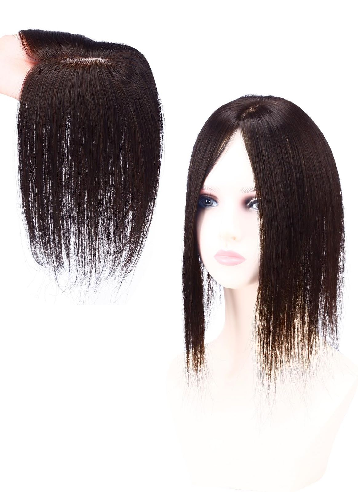 HIYE 部分ウィッグ 人毛 リアル人工皮膚 総手植え 分け目自然 医療用 女性 通気 ストレート ポイントウィッグ 頭頂部 白髪隠れ 肌色ネット ネットサイズ横7cm縦10cm センター分け 30cm 栗色