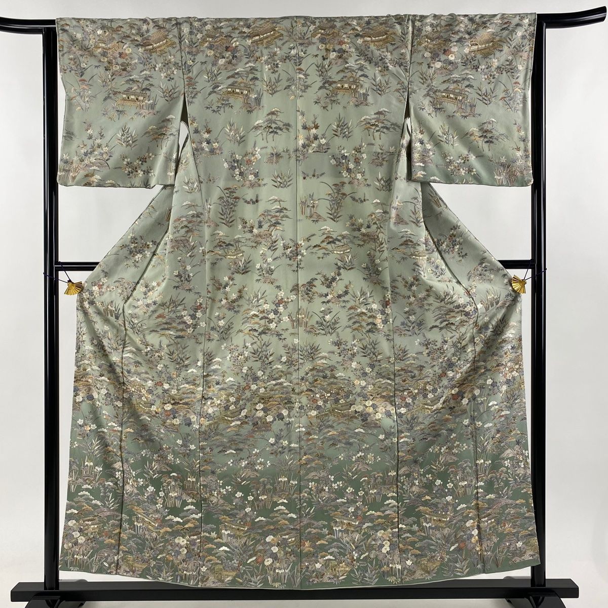 訪問着 身丈156cm 裄丈64cm M 袷 松竹梅 建物 刺繍 金糸 薄緑 正絹