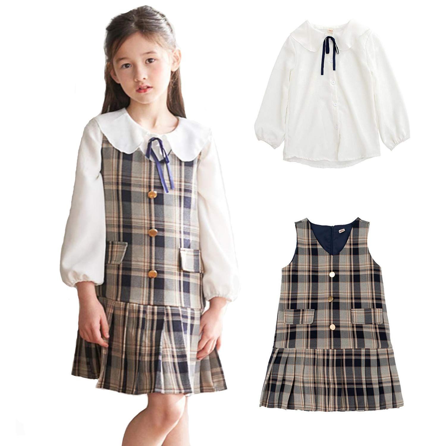 グレー_150 [VIISEN] 子供 女の子 フォーマル スーツ キッズ 長袖 シフォン シャツ＋ チェック柄ノースリーブ ワンピース ガールズ 2点セット 入学式 卒業式 入園式 学園祭 子供洋服 学園風 110 120