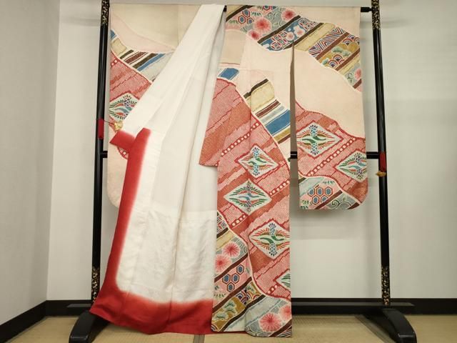 平和屋着物○豪華振袖 駒刺繍 渡り橋松竹梅風景文 金彩 正絹 逸品