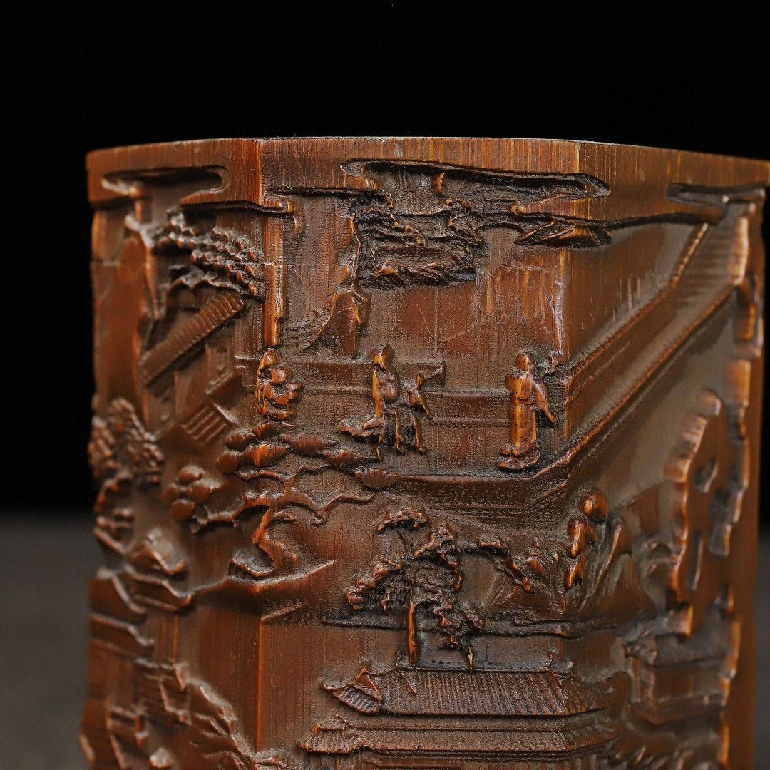 竹 彫刻 亭台楼閣筆箱 書道具 文房具 現代工芸品 美術品 置物 竹 彫刻 亭台楼閣筆箱 書道具 文房具 現代工芸品 美術品 置物