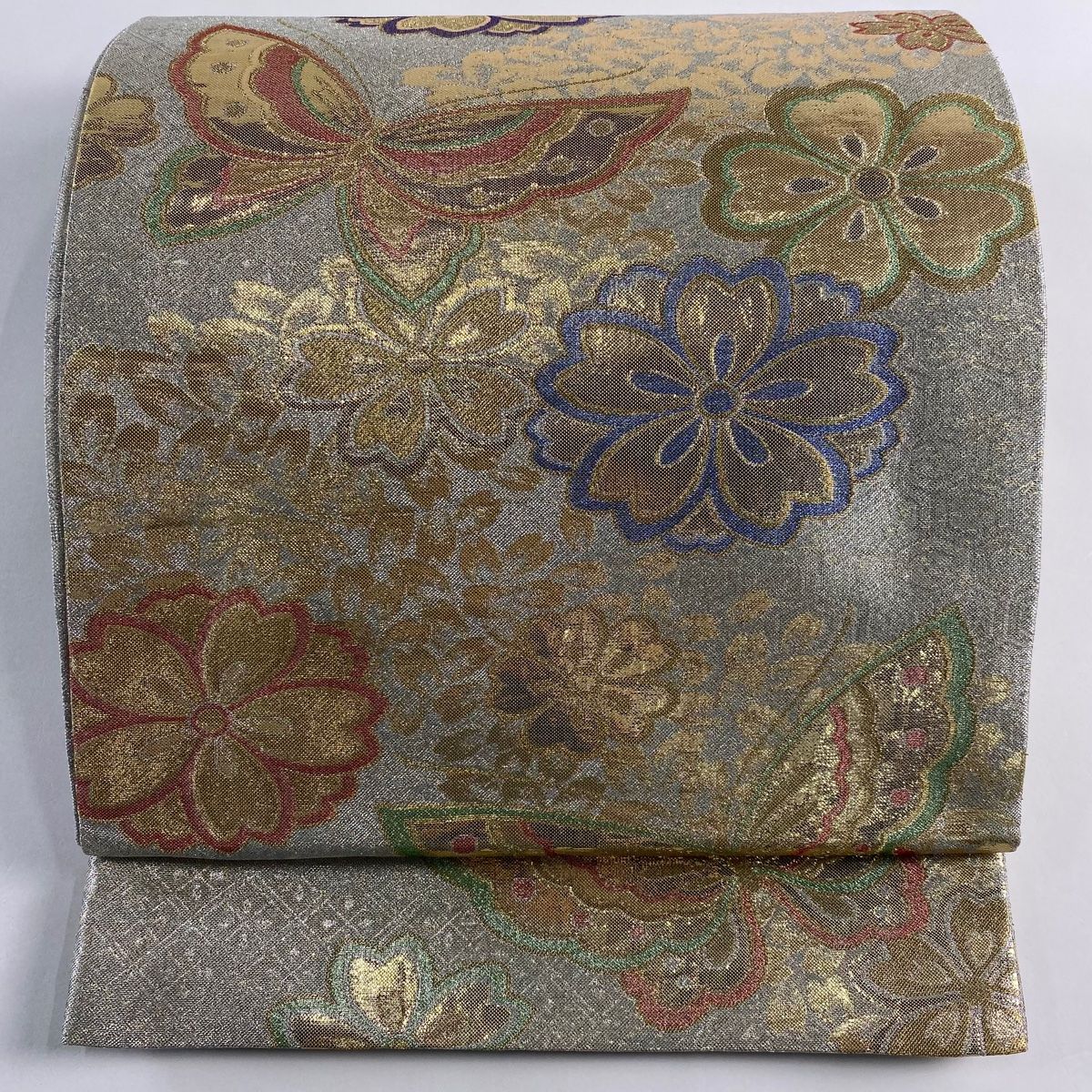 袋帯 秀品 桜 蝶 金銀糸 箔 銀色 六通 正絹
