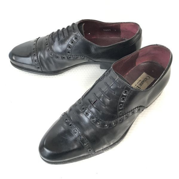 80s-90s? Vintage CESARE PACIOTTI|チェザレパチョッティ 本革|セミブローグ|ストレートチップ 7|25.5|黒|BLACK dress shoes◆pD-105<sale>