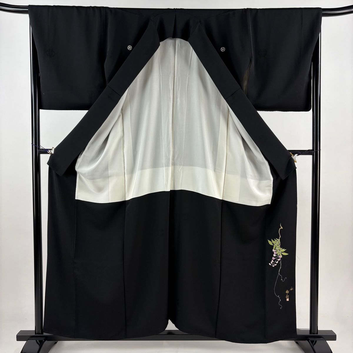 黒留袖 身丈159cm 裄丈67.5cm L 袷 落款 藤 鳥 黒 正絹 秀品 【中古