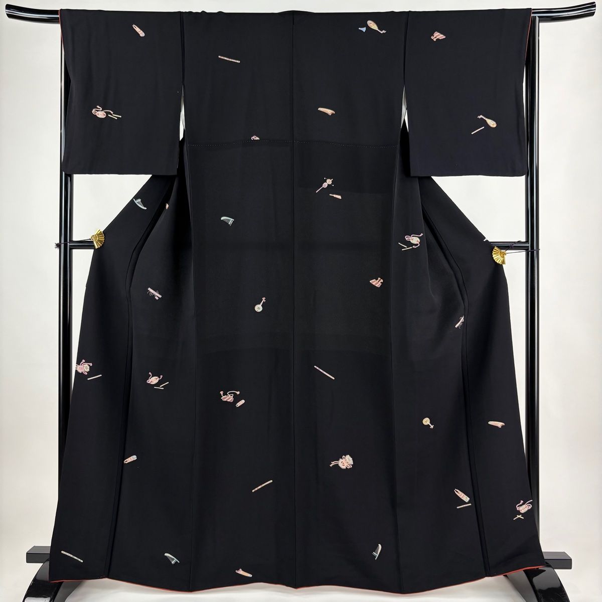 小紋 身丈164cm 裄丈65.5cm M 袷 和楽器 縮緬 黒 正絹 秀品 【中古  