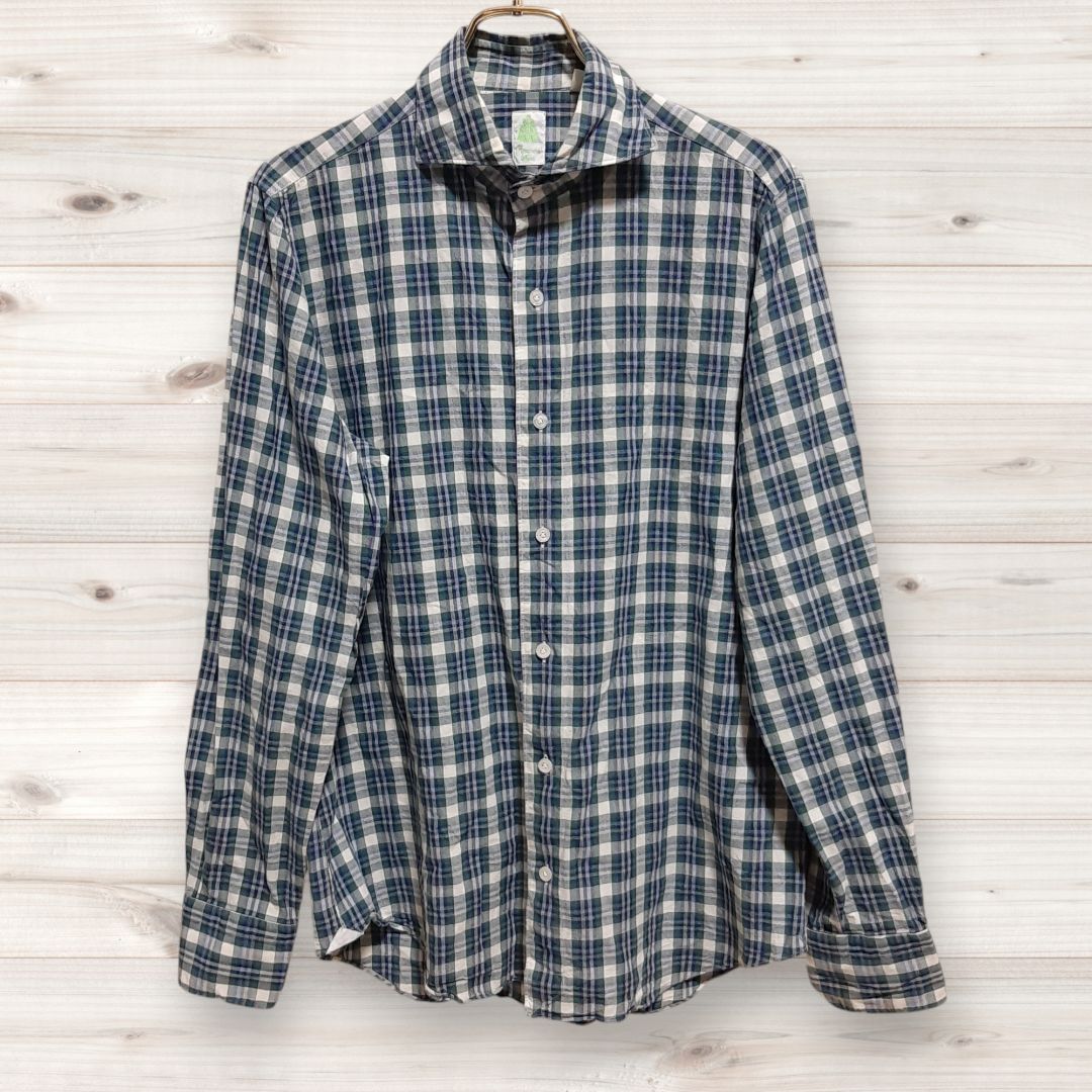 C1385 フィナモレ Finamore 長袖シャツ M チェック 総柄 レギュラーカラー