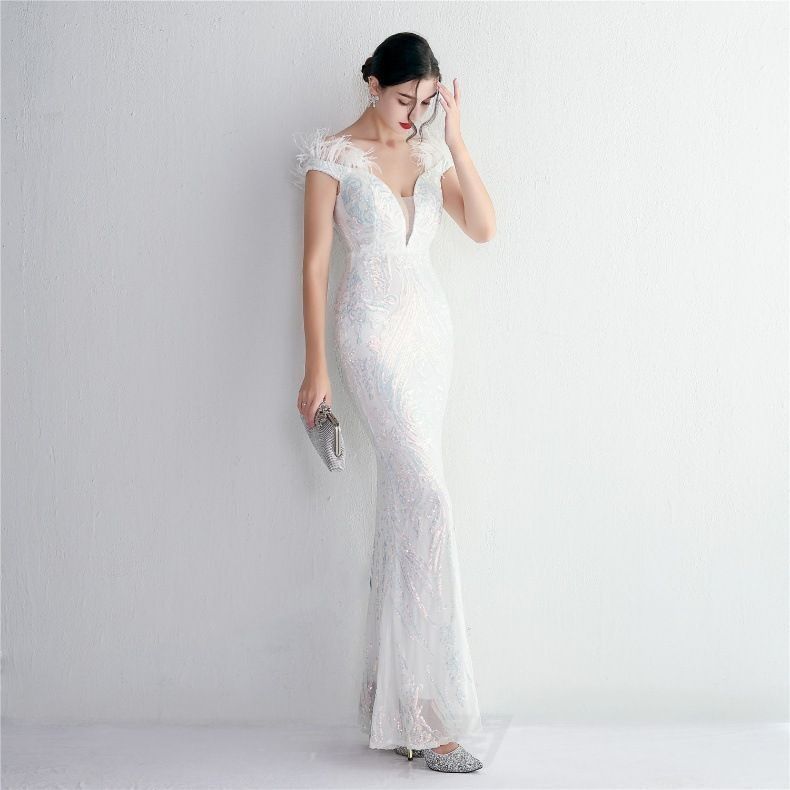 レディース 深Vネック ノースリーブ ドレス ホワイト 魚尾 パーティー 名媛WPまとめ買い割引103 WWW_NOITHATQUANGTHANH_NET