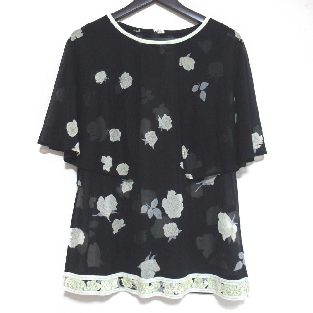LEONARD FASHION レオナールファッション フラワープリント カンカン素材 シアー ブラウス 38サイズ ブラック レディース 古着