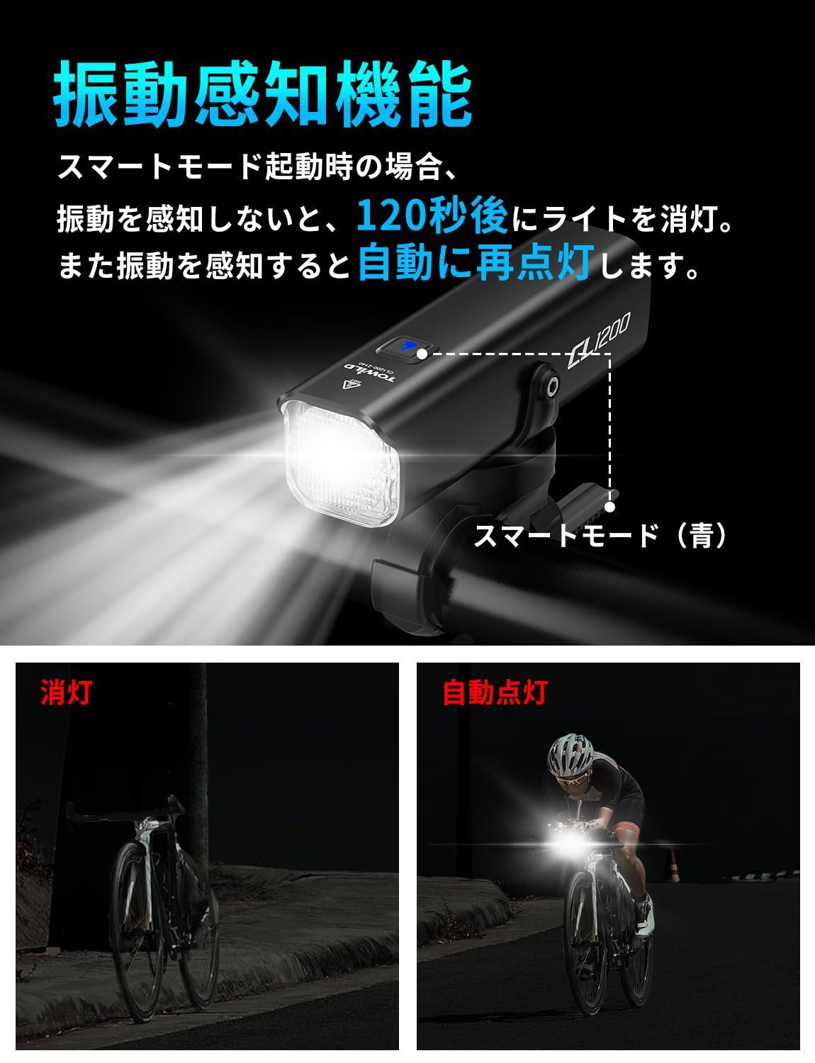 ロードバイクライト 吊り下げ可能 自転車用ライト ライト 1200ルーメン