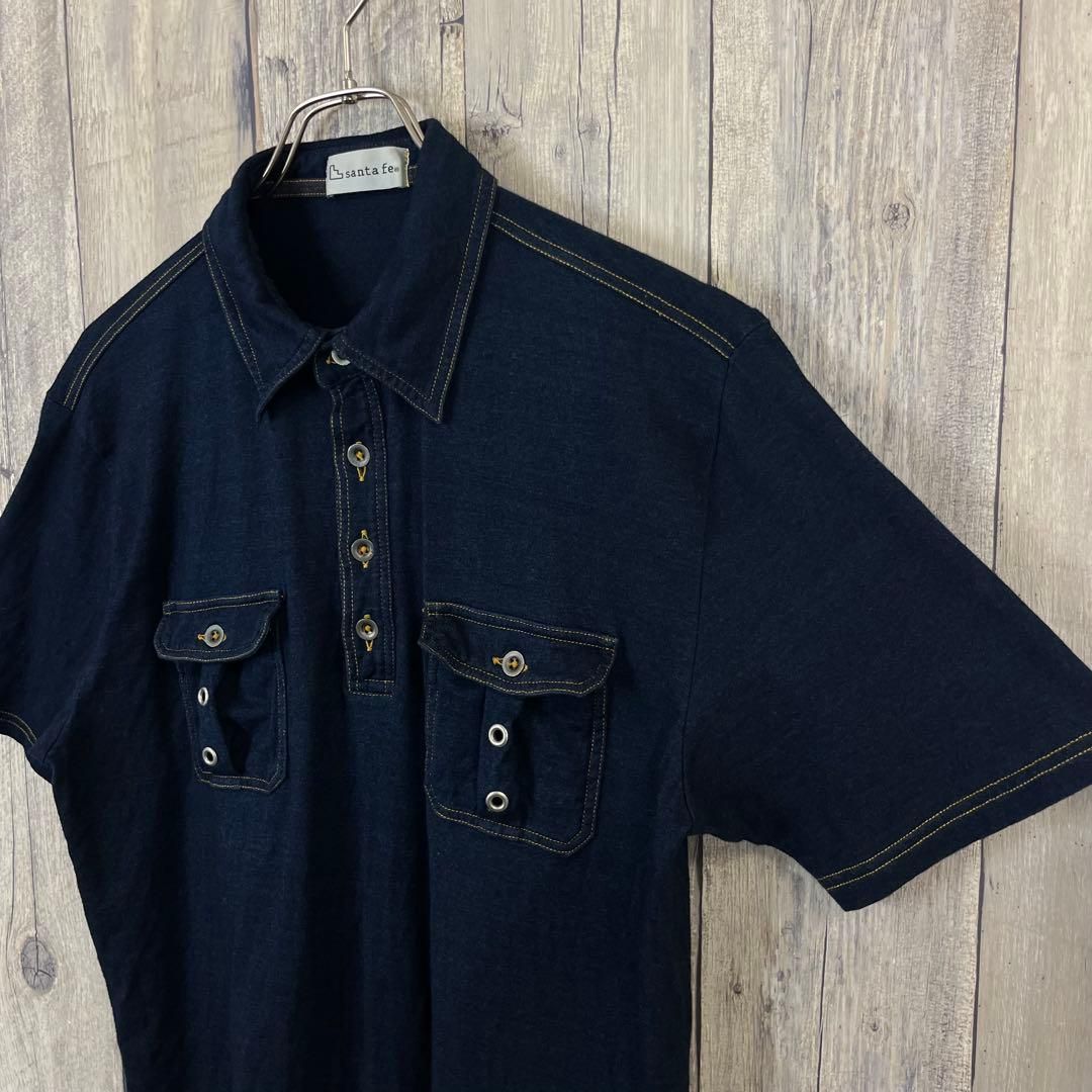 santa fe サンタフェ 日本製 インディゴブルー 半袖 ポロシャツ 48