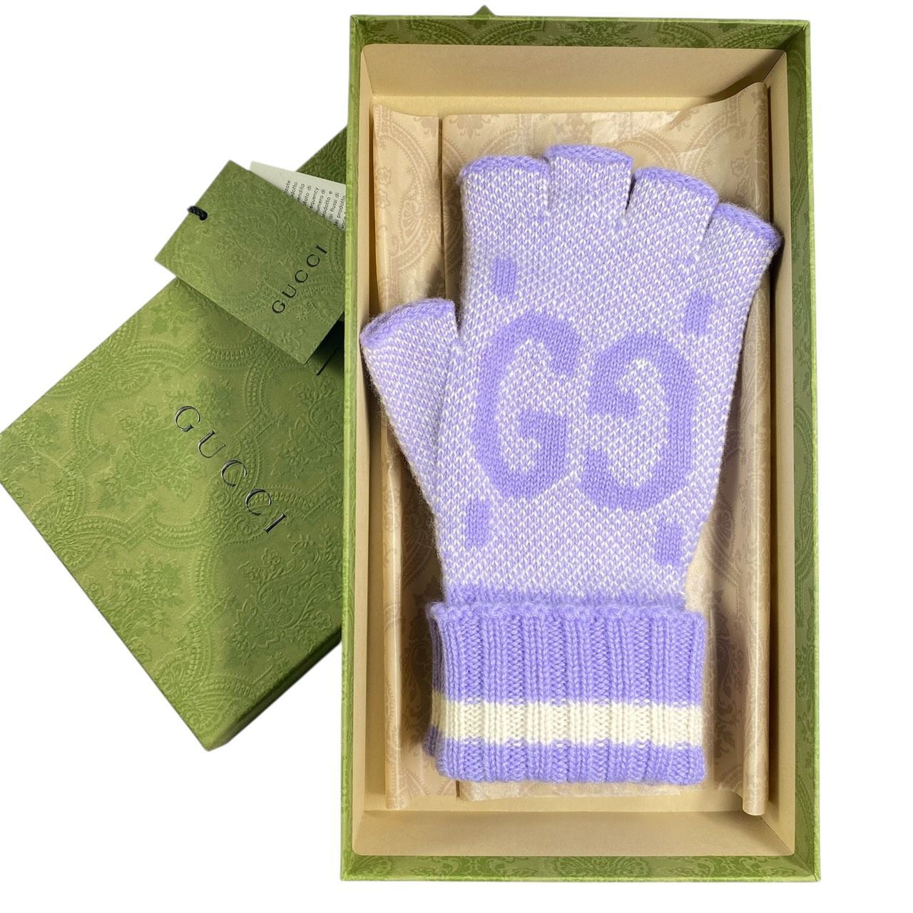 2559 ♥ GUCCI グッチ カシミヤ フィンガーレス グローブ 手袋 ライラック 726586