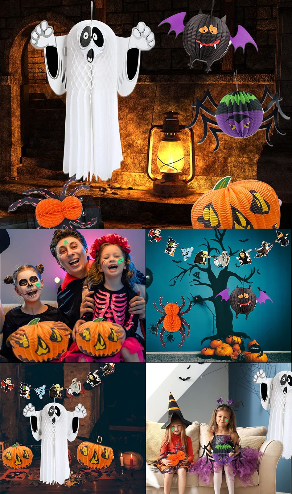 GOKEI 飾り 3 D 提灯 紙製 7点セット 飾り付け おばけ かぼちゃ ゴースト 幽霊 クモ ランタン ガーランド 折りたたみ かざりつけ 壁掛け Halloween グッズ 装飾 ハロウィーン パーテイー飾り バナー店舗装飾