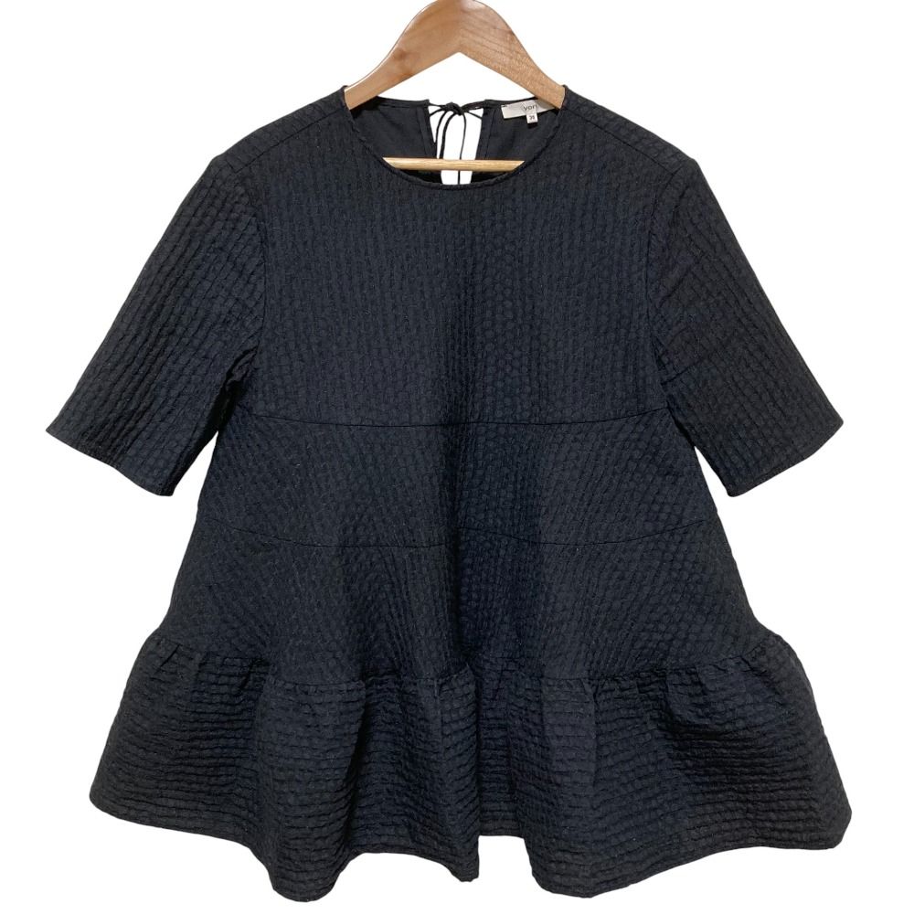 23SS yori ヨリ フクレティアードブラウス 半袖 フ プルオーバー YR21-23065SM サイズ36 ブラック レディース 古着