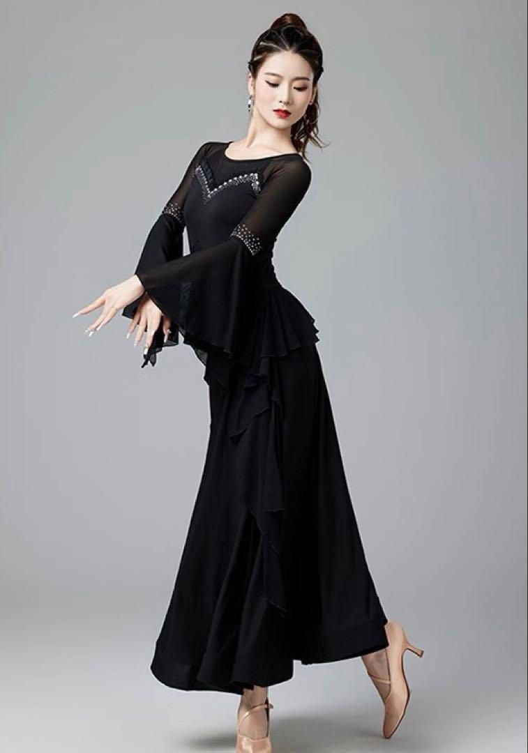 美品 社交ダンス衣装】ブラック ラテン ドレス ワンピース 黒 フリンジ