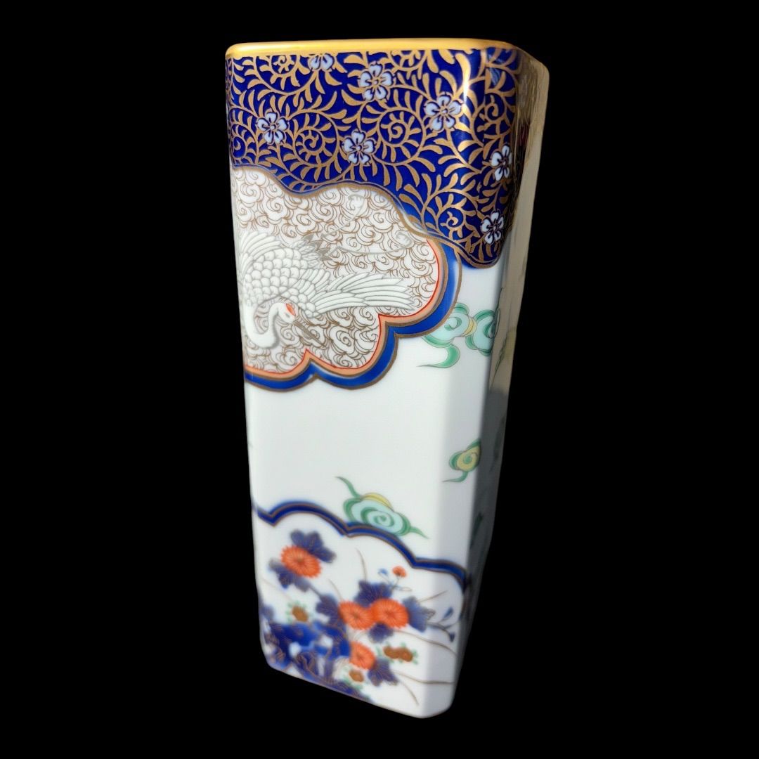 深川製磁 染錦金彩鳳凰鶴 角花瓶 花生け 有田焼【深川製磁】染