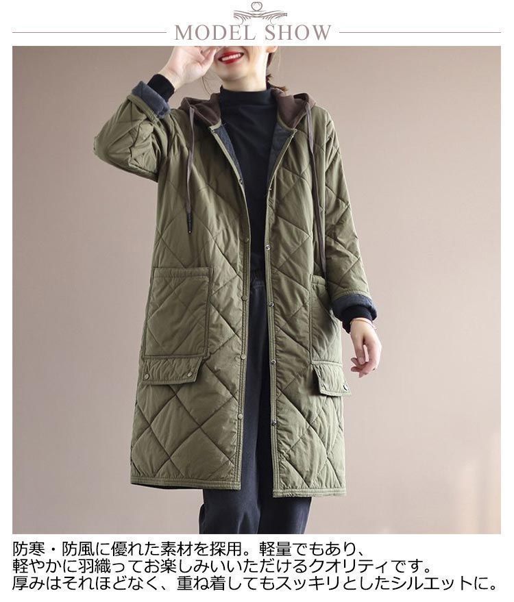 キルティングコート レディース 中綿コート ダウン風 ジャケット ロングコート ノー コート 長袖 アウター フード付き フロントボタン ポケット付き 秋 冬 シンプル 無地 羽織り コート ゆ amyz2509 GULLKHAN_COM