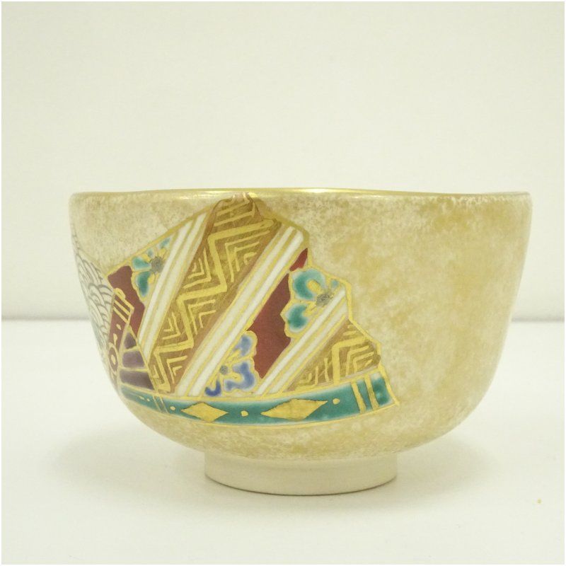 京焼 鳴滝窯 橋本城岳造 金地扇面文茶碗（共箱） 茶道 抹茶 おしゃれ