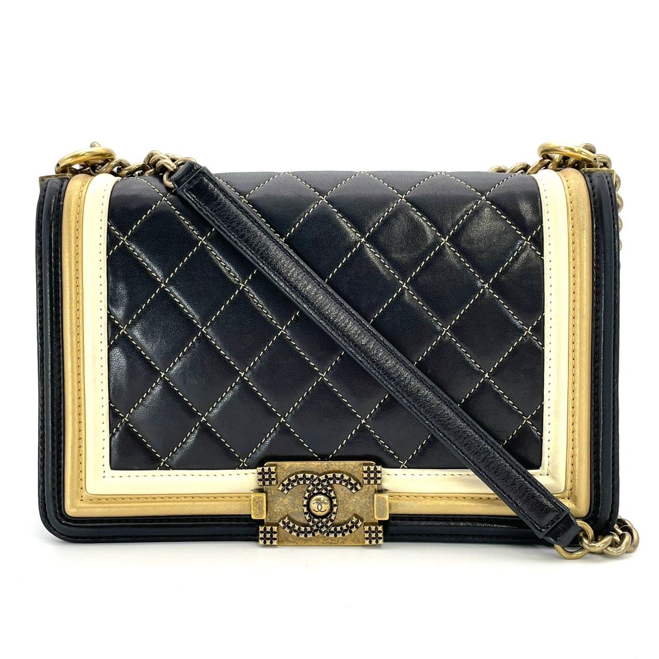 シャネル CHANEL ボーイシャネル ラムスキン ブラック 17番台 ゴールド金具 レザー 黒 チェーン ショルダーバッグ 7-5-785
