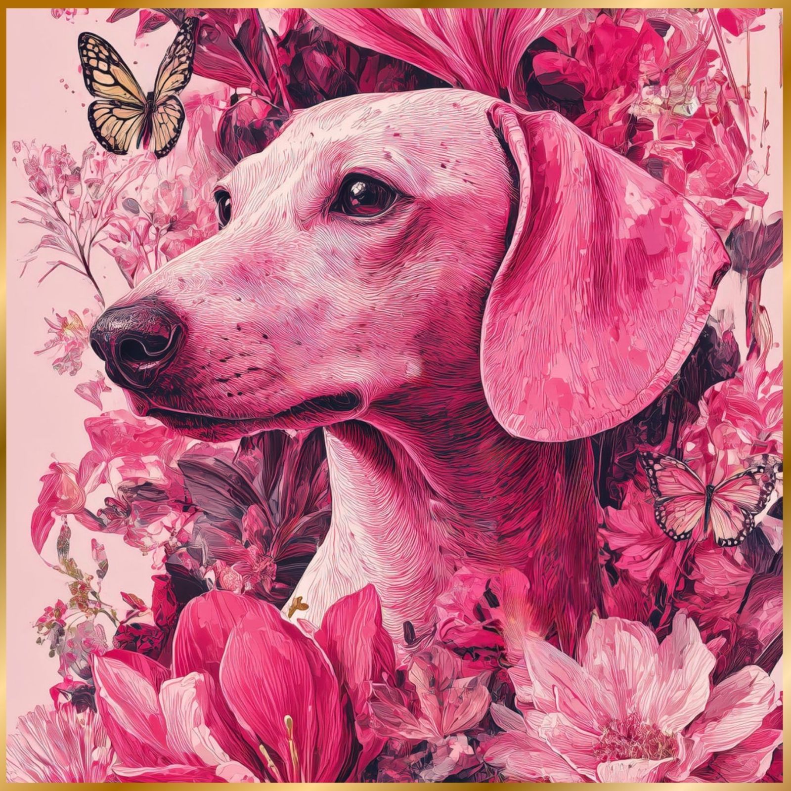 蝶よ花よ - ダックスフンド犬 No.1 ピンク 犬の絵 犬のイラスト おしゃれ エレガント ゴージャス 豪華 インテリアアート ペットロス うちの子 記念日 アートポスター ギフト