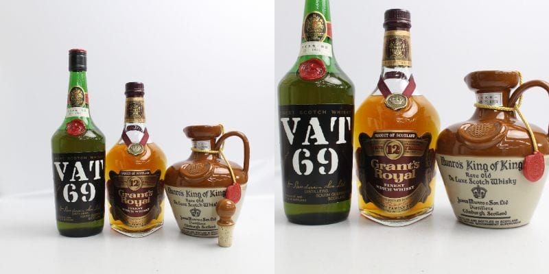 【3本セット】ウイスキー各種（マンローズ キング オブ キングス レア オールド デラックス 43％ 750ml 陶器 重量1656g 等）X25A090012