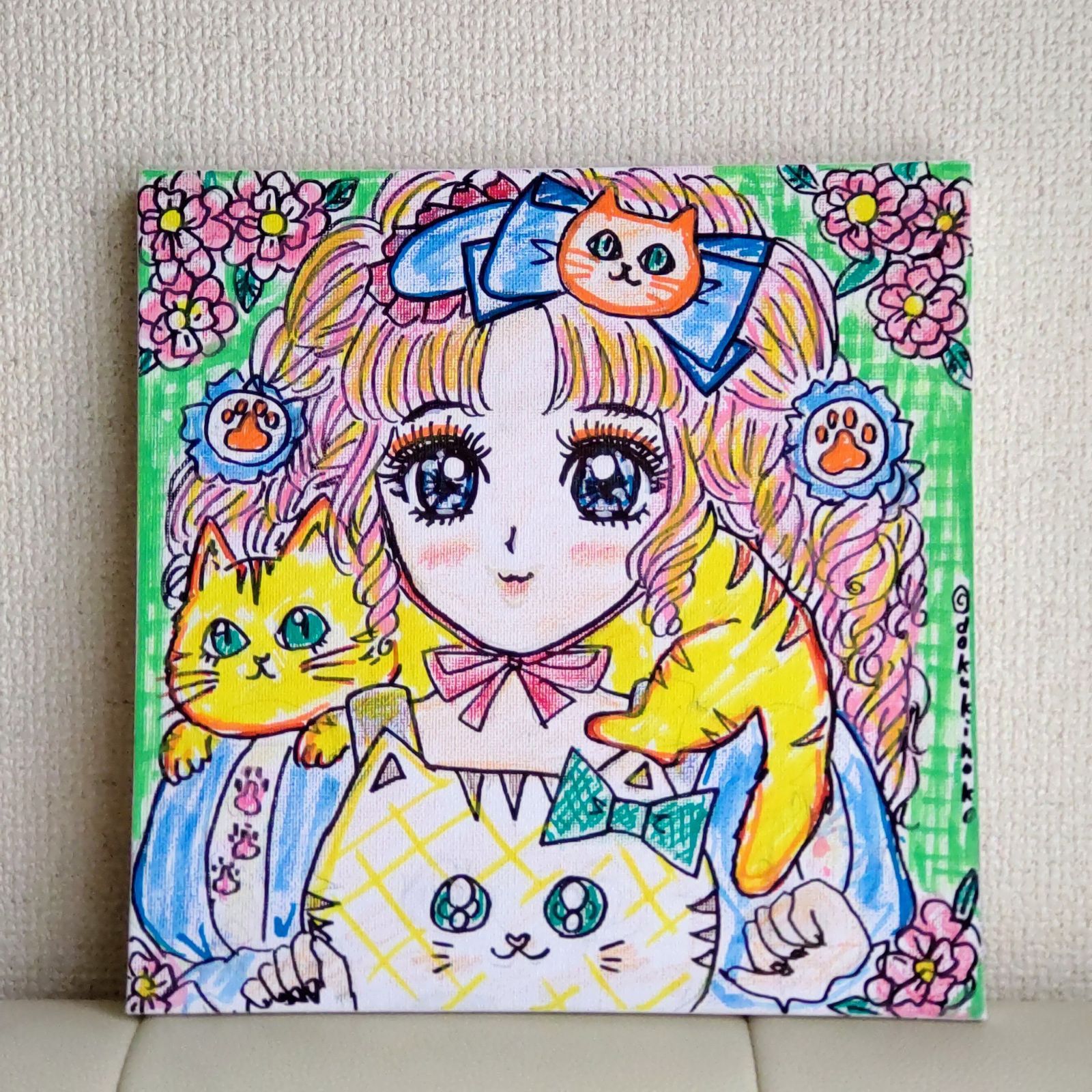 イラスト 懐かしのレトロな少女漫画風の女の子 ネコ大好きだ