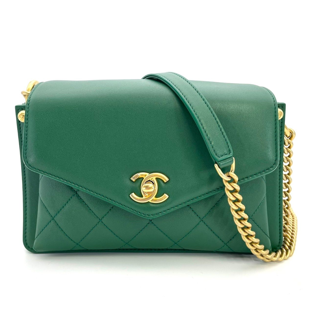 シャネル CHANEL ココマーク チェーン ショルダーバッグ マトラッセ グリーン ゴールド金具 緑 レザー ラムスキン 7-5-792