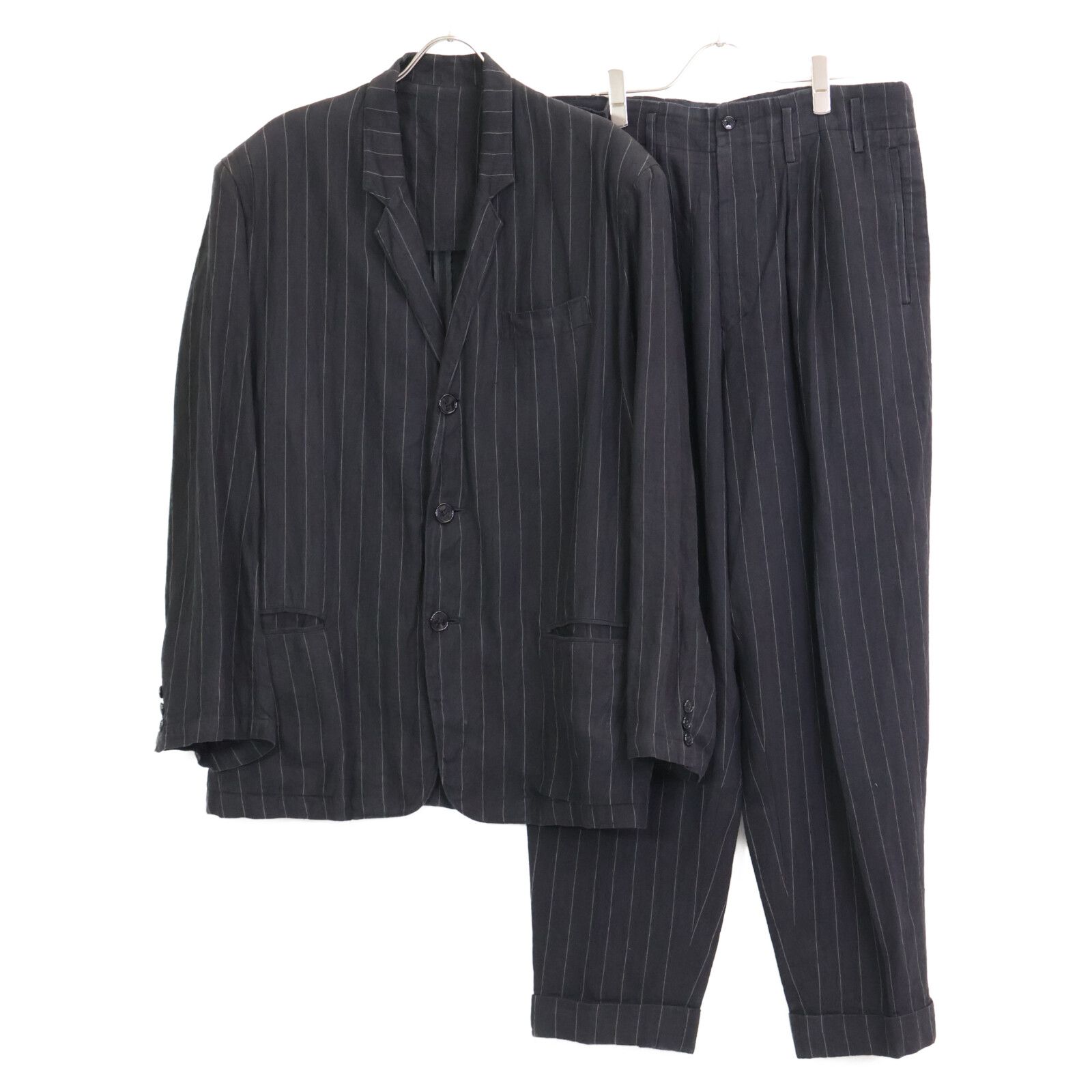 Yohji Yamamoto POUR HOMME ヨウジヤマモトプールオム 黒 ｽﾄﾗｲﾌﾟ ﾘﾈﾝ ｽｰﾂ|ｾｯﾄｱｯﾌﾟ ジャケット S|ボトムス M