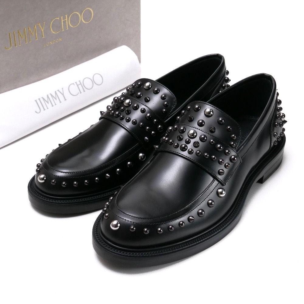 JIMMY CHOO ジミーチュウ ローファー サイズ41 1|2 スタッズ シャイニー レザー ガンメタル 靴 イタリア製 20250508|RA4580