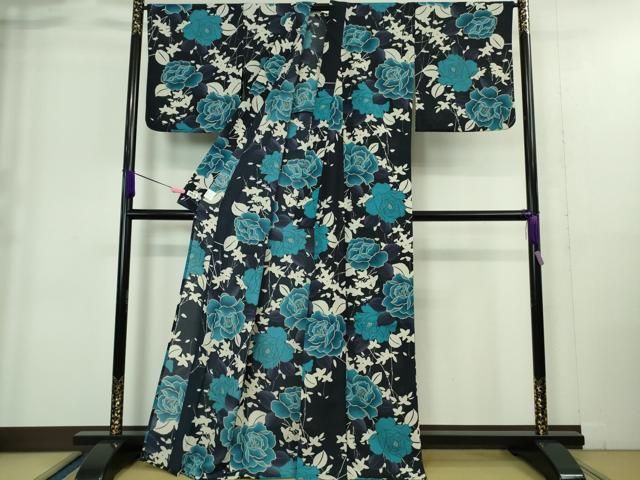 平和屋着物 上 夏物 撫松庵 セオアルファ 小紋 浴衣兼用 紅梅織 薔薇 バラ 濃紺地 DZAA9413kh5