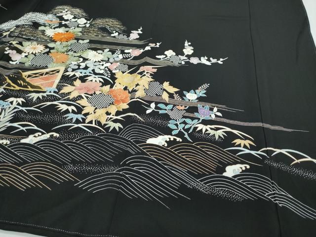 平和屋着物○創業460年・千總 黒留袖 駒刺繍 御所車草花文 金彩 高島屋  